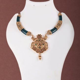 Temple Jewellery Necklace Set in Antique Gold with Green Accents by Khallaq