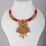 Peacock Temple Jewellery Necklace Set in Antique Gold with Ruby Red Accents by Khallaq