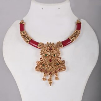 Peacock Temple Jewellery Necklace Set in Antique Gold with Ruby Red Accents by Khallaq