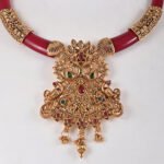Peacock Temple Jewellery Necklace Set in Antique Gold with Ruby Red Accents by Khallaq
