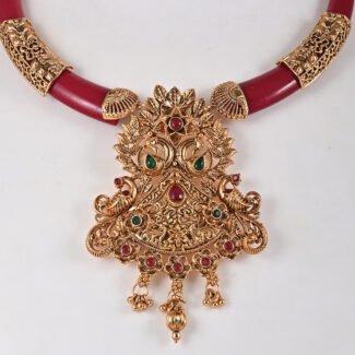 Peacock Temple Jewellery Necklace Set in Antique Gold with Ruby Red Accents by Khallaq