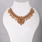Floral Temple Short Necklace Set in Antique Gold with Matching Jhumka Earrings by Khallaq