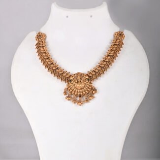 Lakshmi Temple Short Necklace Set in Antique Gold with Matching Jhumka Earrings by Khallaq