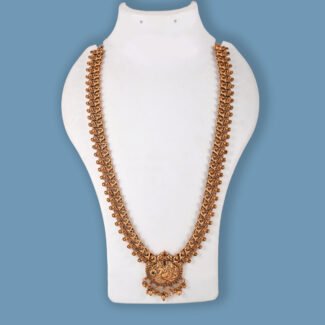 Vaibhav Long Necklace Set in Antique Gold with Traditional Jhumka Earrings by Khallaq