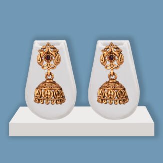 Vaibhav Long Necklace Set in Antique Gold with Traditional Jhumka Earrings by Khallaq