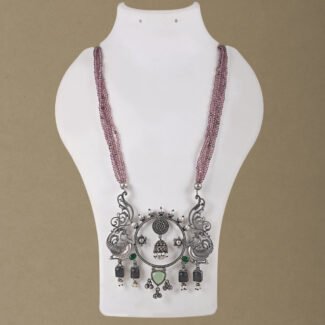 Handcrafted Silver Replica Statement Necklace with pink bead strands and oxidised silver peacock pendant from Khallaq Chand Collection.