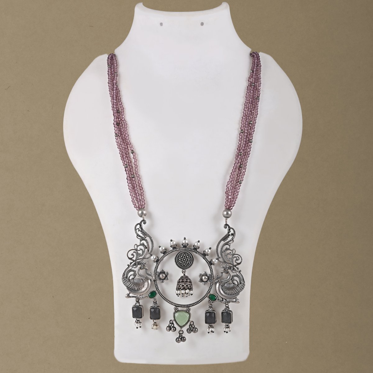 32 Handcrafted Silver Replica Statement Necklace with pink bead strands and oxidised silver peacock pendant from Khallaq Chand Collection.