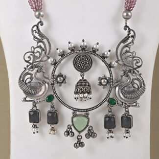 Handcrafted Silver Replica Statement Necklace with pink bead strands and oxidised silver peacock pendant from Khallaq Chand Collection.