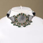 Handcrafted Silver Replica Choker Necklace Set with green stone embellishments from Khallaq Chand Collection.