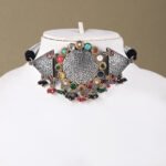 Handcrafted Silver Replica Choker Necklace Set with multicoloured stone embellishments from Khallaq Chand Collection.