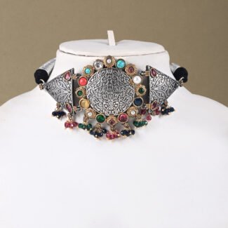 Handcrafted Silver Replica Choker Necklace Set with multicoloured stone embellishments from Khallaq Chand Collection.