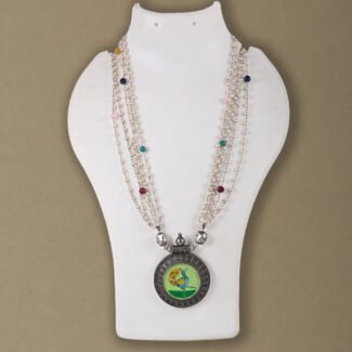 Hand-Painted Peacock Silver Replica Necklace Set