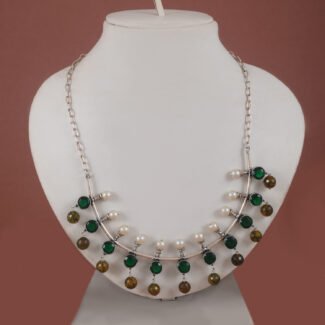 Silver replica necklace featuring emerald green stones, pearl accents and olive bead drops from Khallaq Chand Collection.