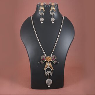 Dual-tone silver replica necklace set with bird motif and multicolour stones from Khallaq Chand Collection