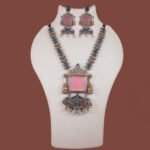 Silver Replica Necklace Set with Blush Pink Stone and Navy Blue Accents by Khallaq