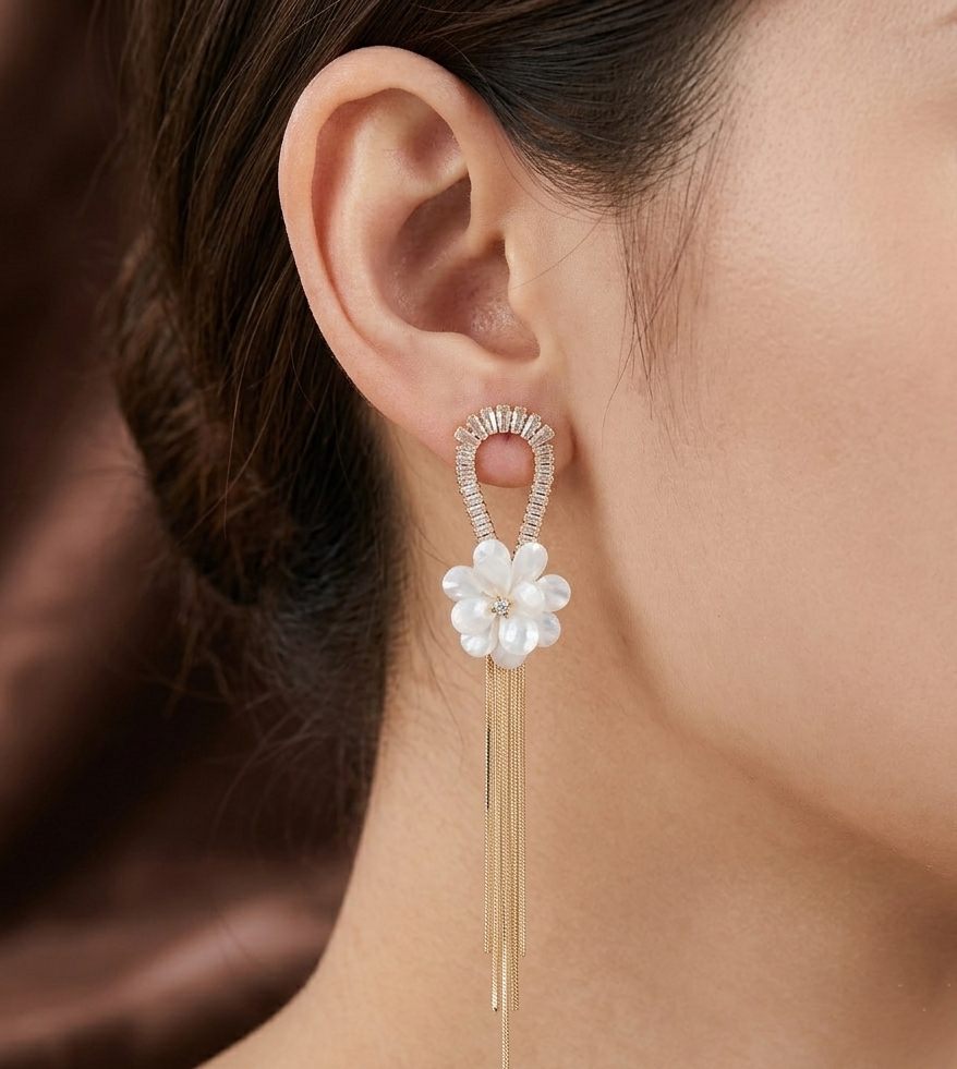 60 b Floral Tassel CZ Dangler Earrings
