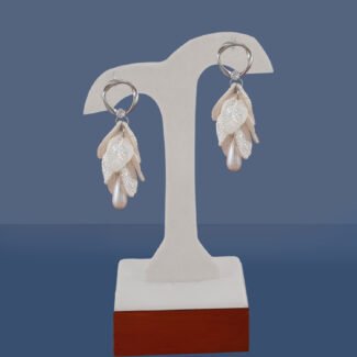 Silver CZ Leaf Pearl Dangler Earrings