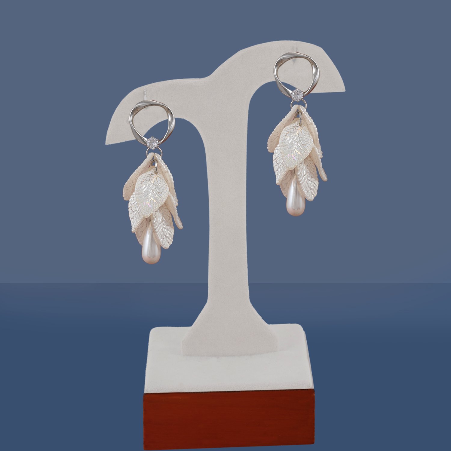 64 Silver CZ Leaf Pearl Dangler Earrings