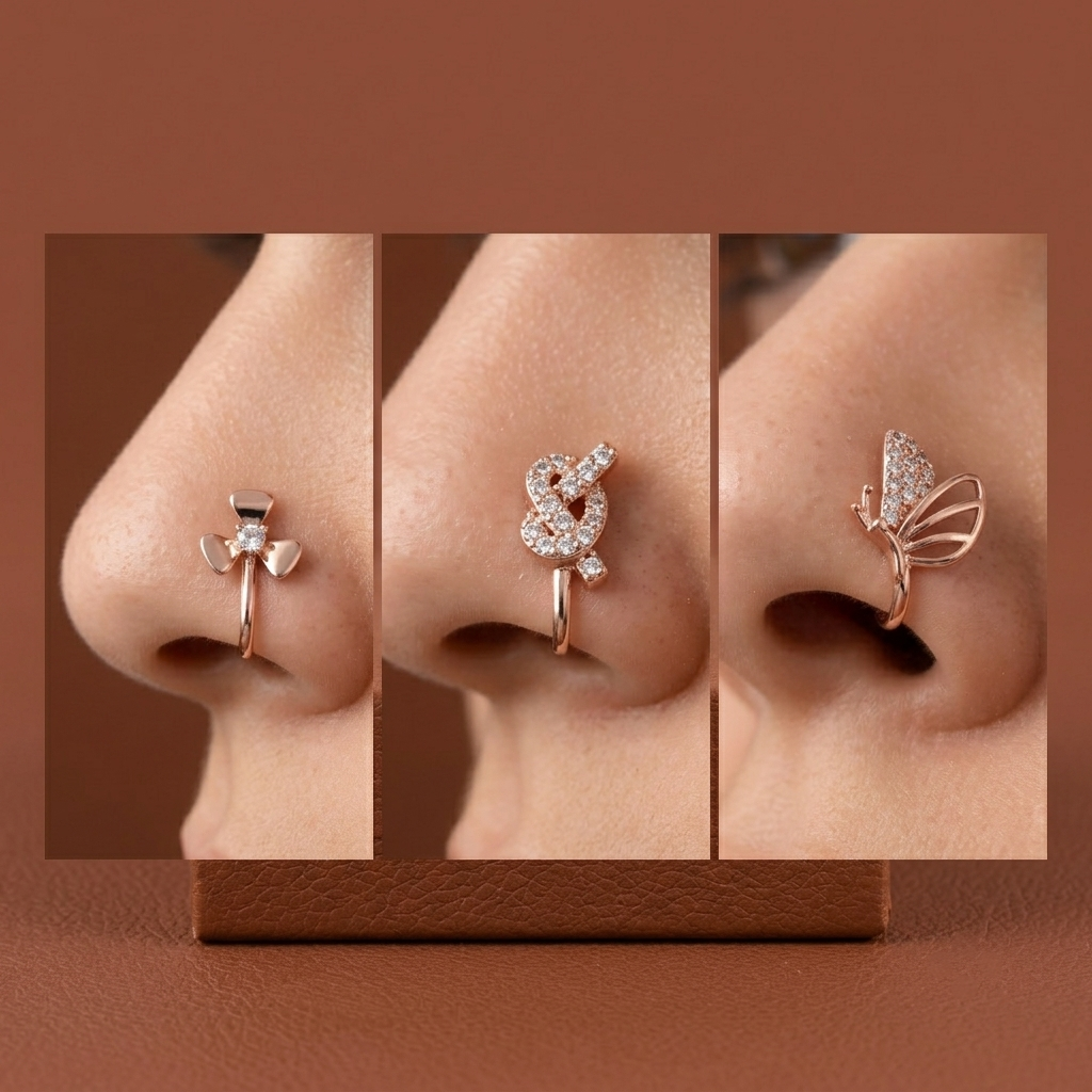 np138 Saadgi anti tarnish rose gold non piercing nose pin combo pack of 3 with floral, infinity and butterfly designs by Khallaq.